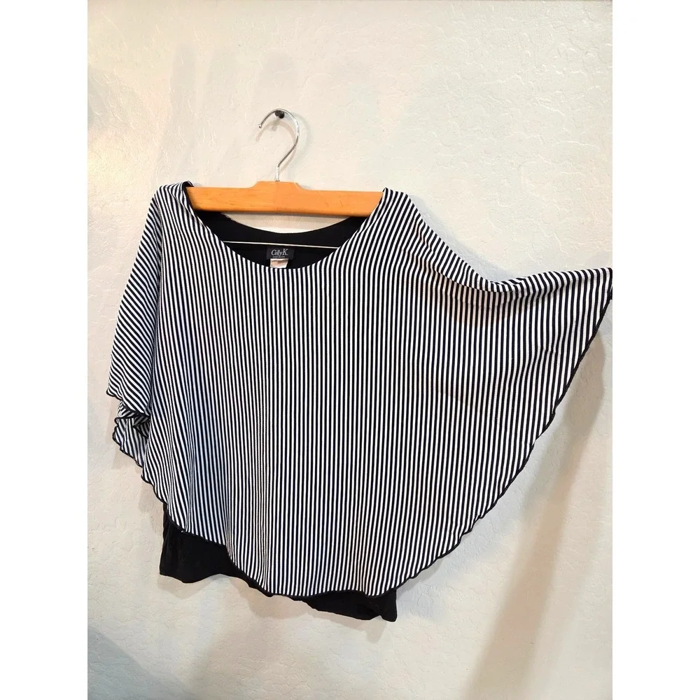 Vintage Celly K Large Striped Cape‎ Blouse Black White Layered Flutter Sleeve